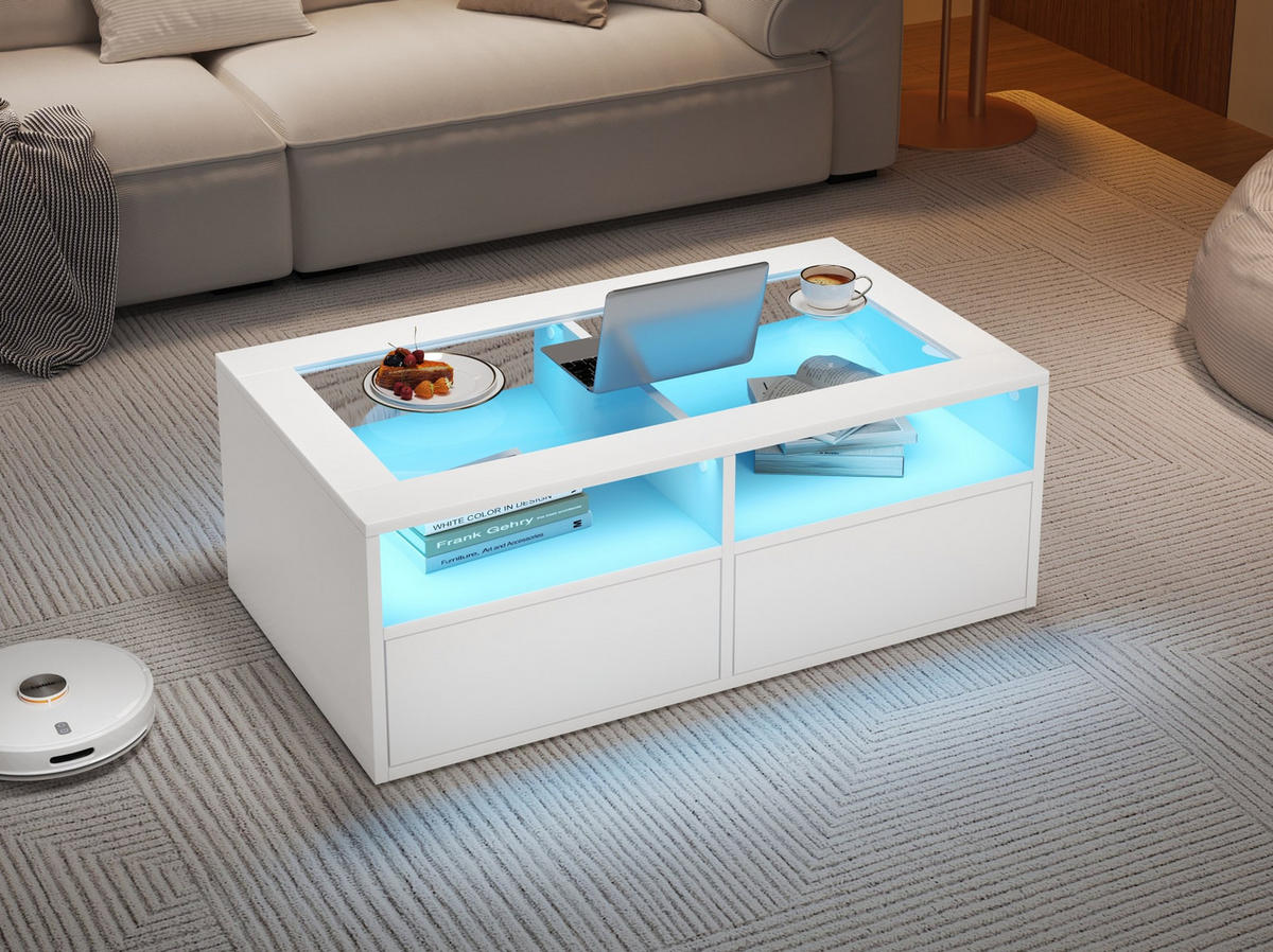 COUCHTISCH 100/50/35 cm weiß aus Glas und Spanplatte mit LED-Licht und 2 Schubladen - Weiß, Glas (100/50/35cm) - OKMYHOME