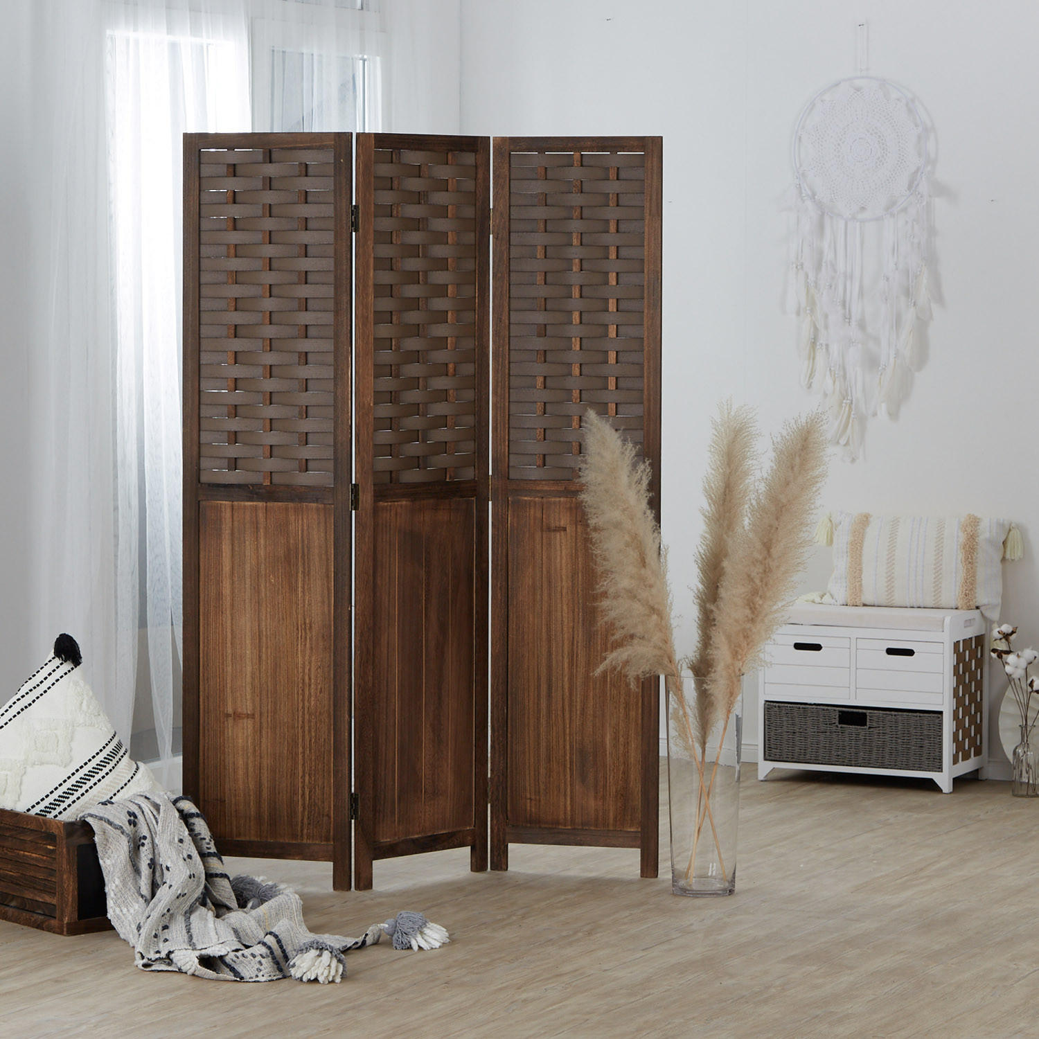 PARAVENT 3-tlg. 120/170 cm Dunkelbraun Rattan geflochten - Dunkelbraun, Holz (120/170/2cm) - Homestyle4u