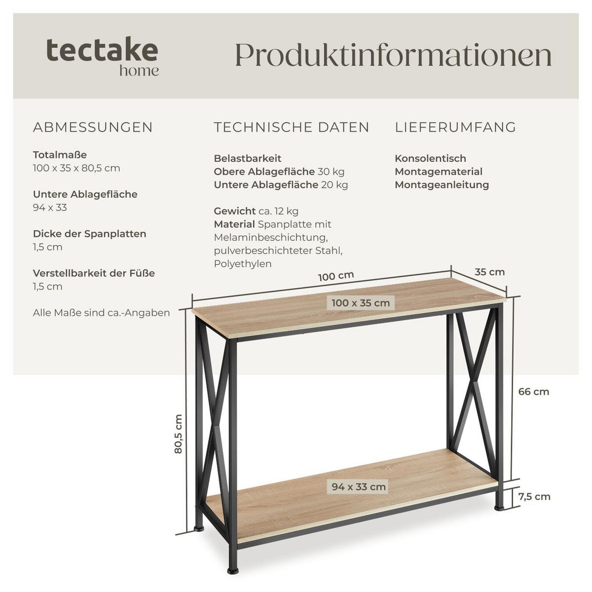 KONSOLENTISCH Tacoma,100 x 35 x 80,5 cm,Industrial Holz hell, Eiche Sonoma - Naturfarben, Holzwerkstoff (100/35/80.5cm) - tectake