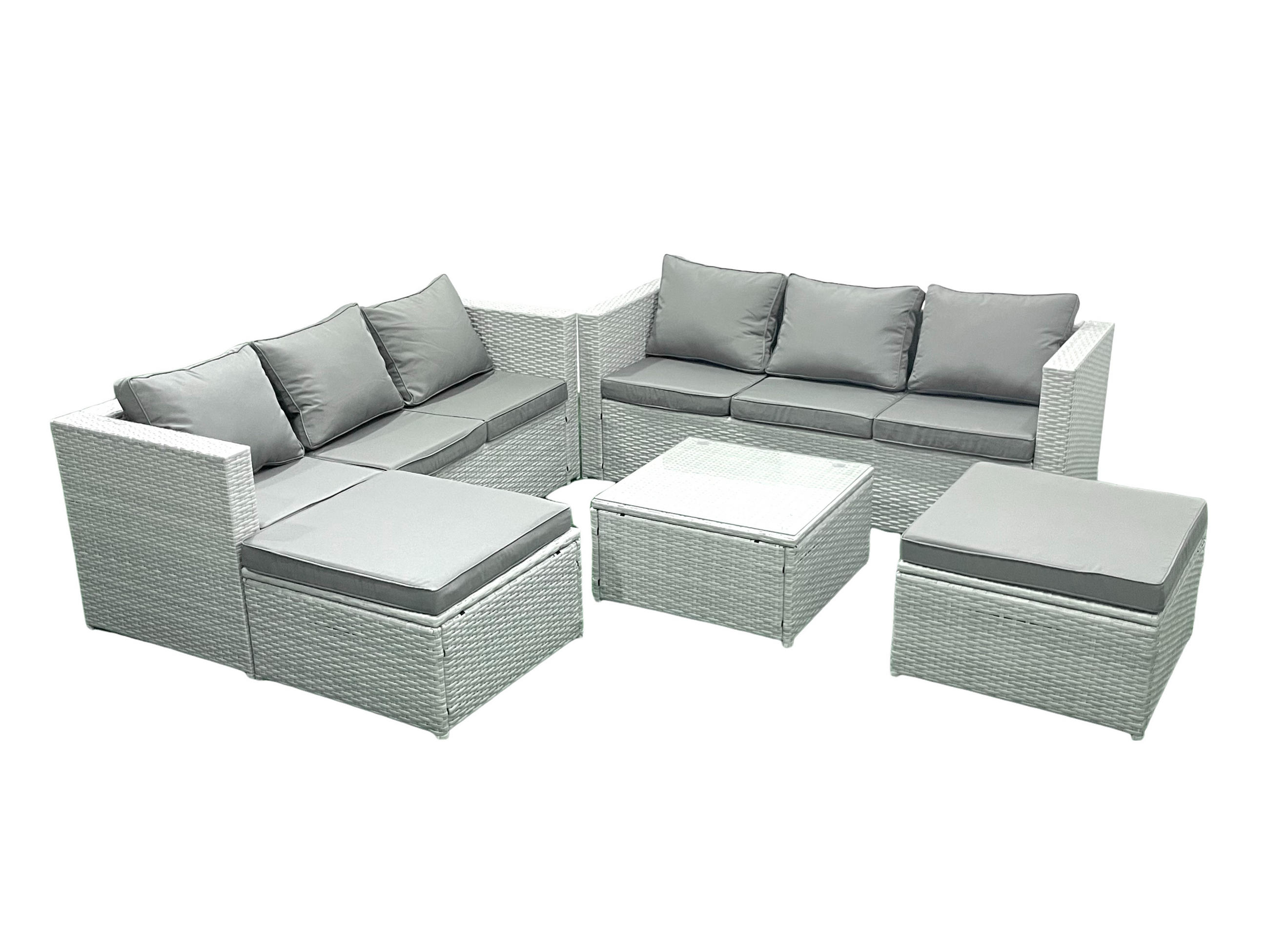 GARTENMÖBEL-SET mit Kissen Polyrattan Hellgrau-Mix 8-Sitzer - Hellgrau/Grau, Glas/Kunststoff - Fimous
