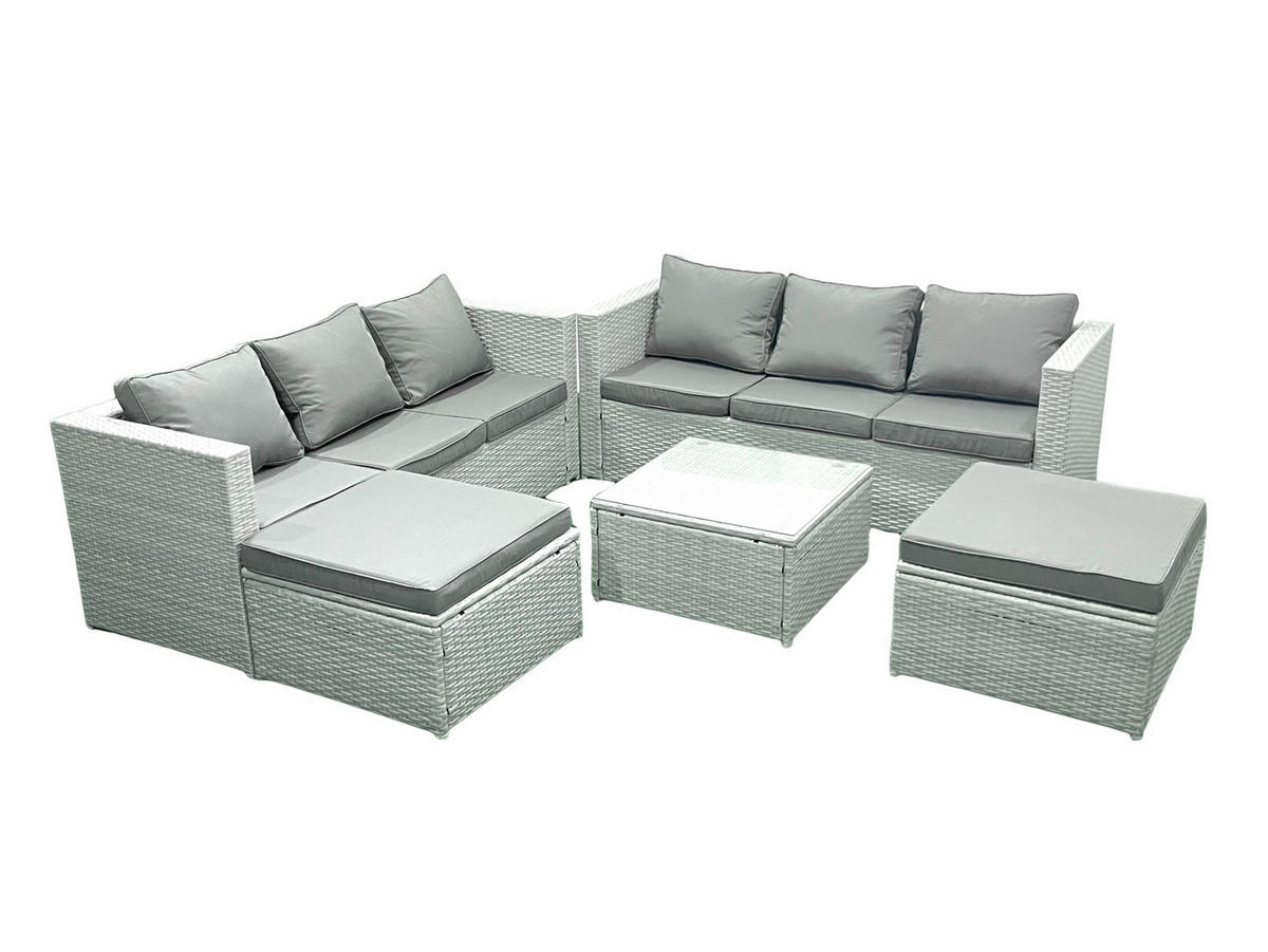 GARTENMÖBEL-SET mit Kissen Polyrattan Hellgrau-Mix 8-Sitzer - Hellgrau/Grau, Glas/Kunststoff - Fimous