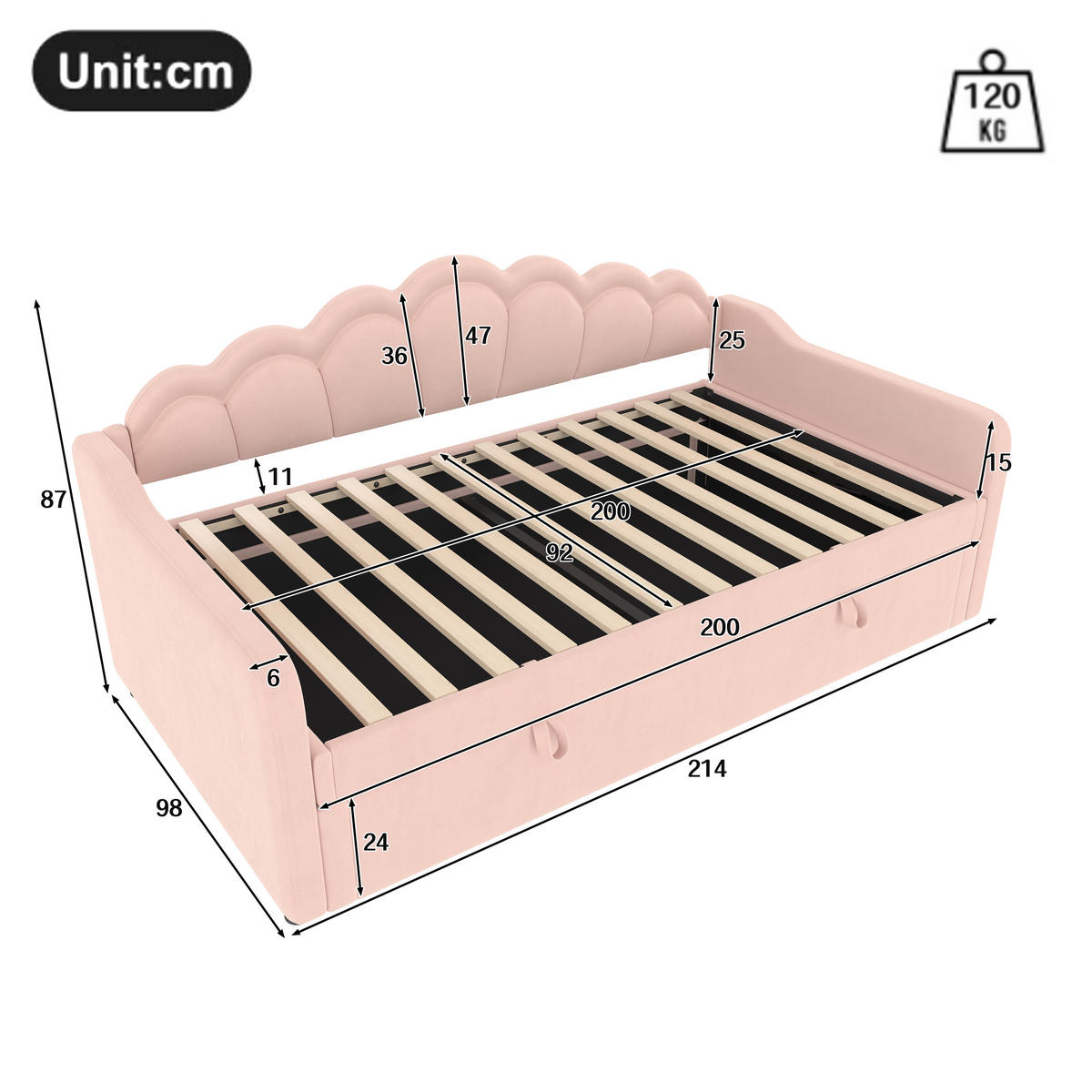 TAGESBETT 90/200 cm rosa mit Stauraum und bunten LED-Leisten - Rosa, Textil (90/200cm) - OKWISH