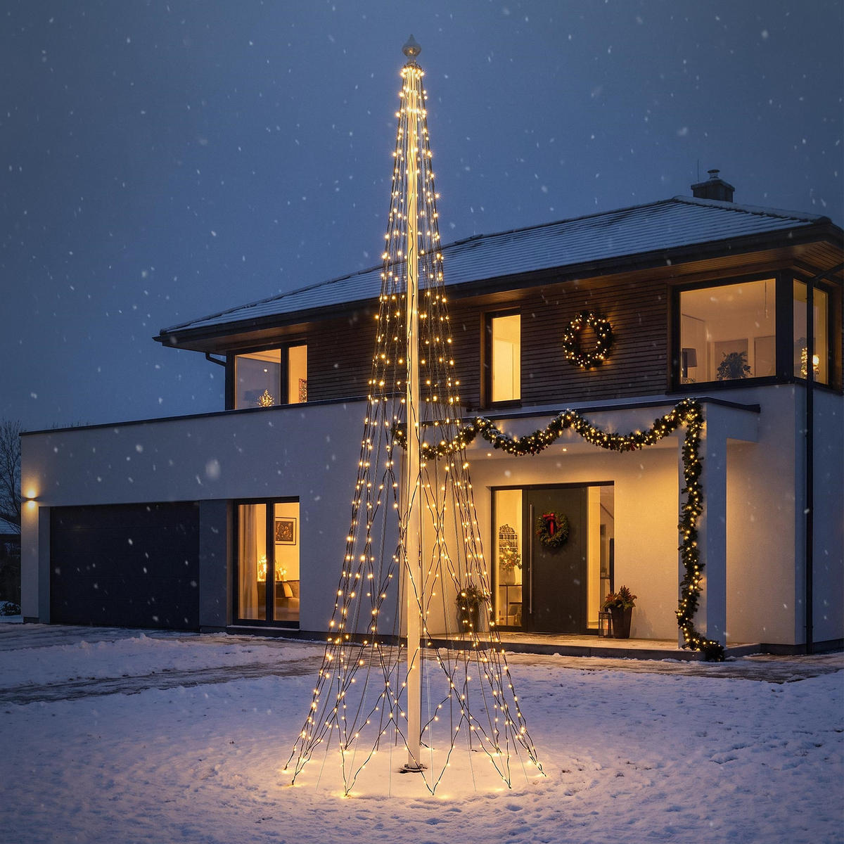 LED LICHTERKETTE für Fahnenmast und Weihnachtsbaum Weihnachtsbeleuchtung Außen 8m 1440 LED Warmweiß - Schwarz, Kunststoff (200cm) - ECD-Germany