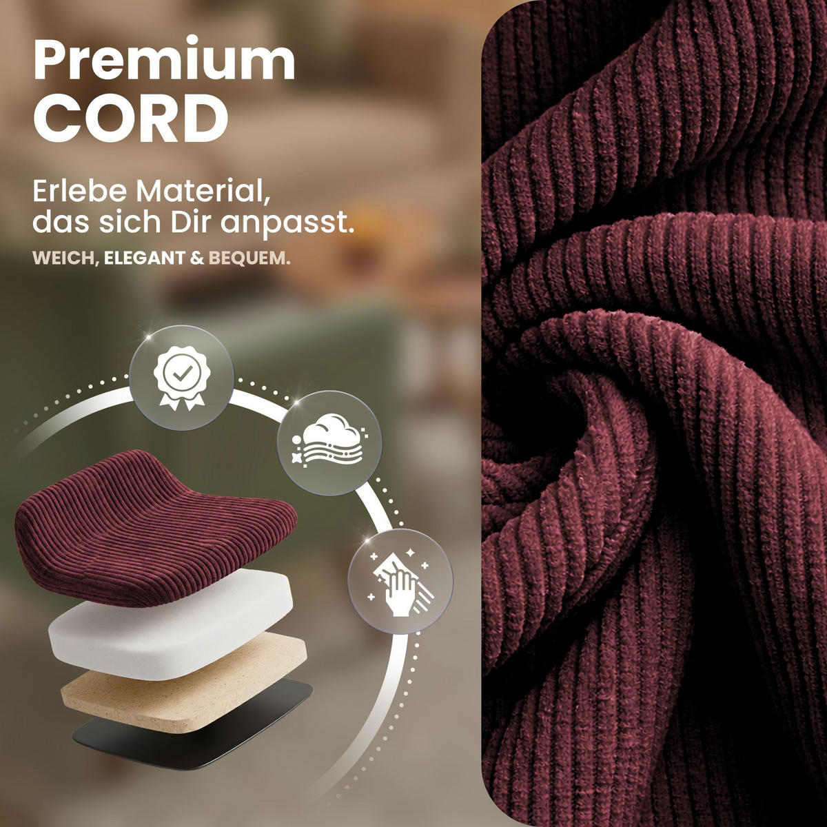 STUHL 4 Cord Bordeauxrot - Bordeaux/Schwarz, Textil/Metall (45/84/55cm) - CLP
