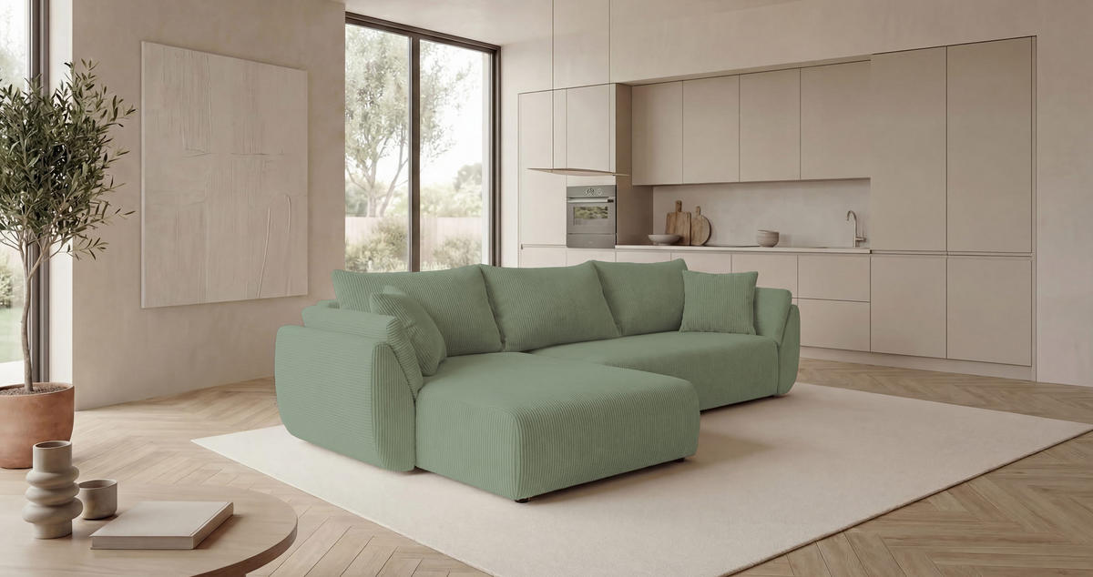 ROHOVÁ pohovka SYDNEY levá světle zelená manšestr Poso 47 - funkce spaní, úložný prostor - světle zelená, textil (280/174cm) - Cornero
