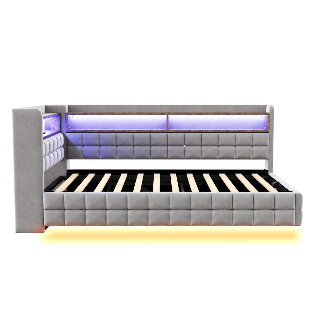 SCHLAFSOFA aus Samtstoff 90x200 cm Hellgrau mit Stauraum, LED-Beleuchtung und Ladeanschlüssen - Hellgrau, Textil (90/200cm) - IVMEU