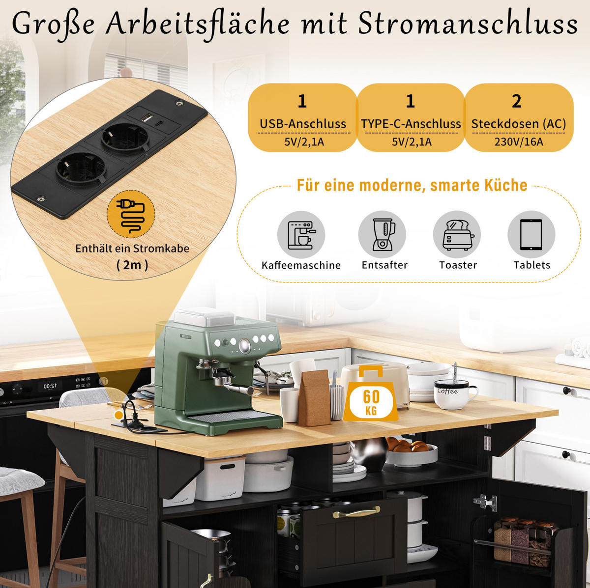 KUECHENINSEL mit Klapptisch 120 cm Schwarz/Natural - Schwarz, Holz (80/92/120cm) - Beauniv
