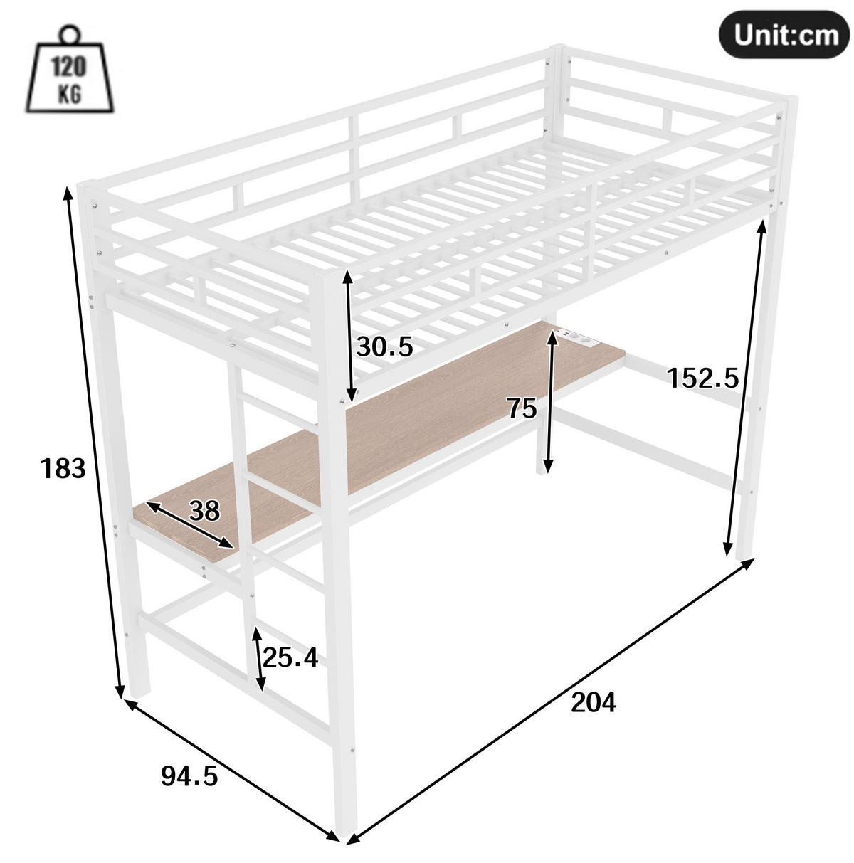HOCHBETT 90/200 cm aus Metall mit Schreibtisch LED-Lichtleiste und USB-Anschlüssen Weiß - Weiß, Metall (90/200cm) - Modenvie