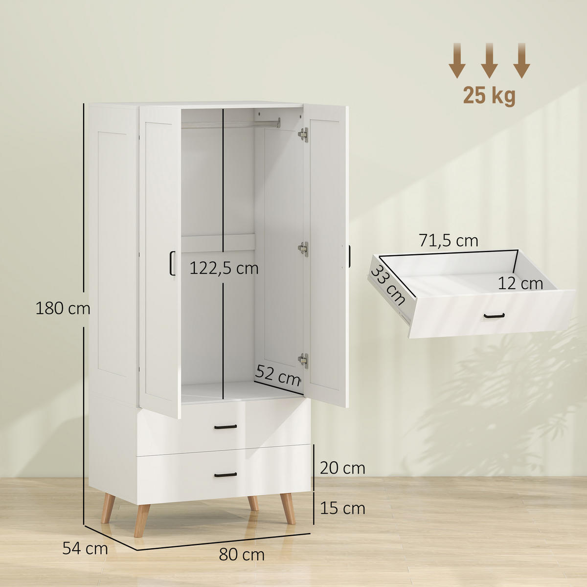 KLEIDERSCHRANK Weiß 80/54/180 cm - Weiß, Holz/Metall (54/180/80cm) - PANGIVO