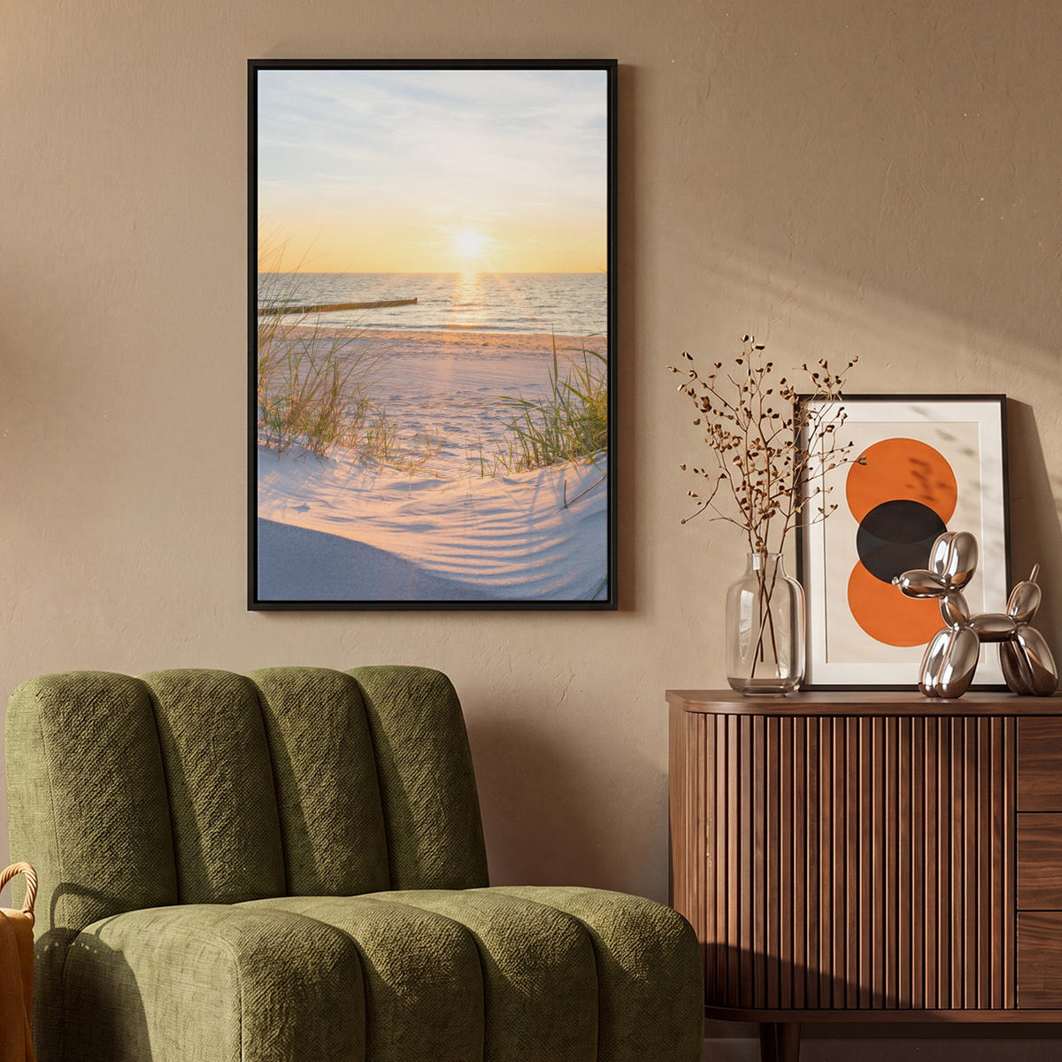 LEINWAND Bilder mit Rahmen - Strand - Sonne - Düne - Gras - Sand - Horizont - 60x90 - Hellblau, Textil (60/90cm) - MuchoWow