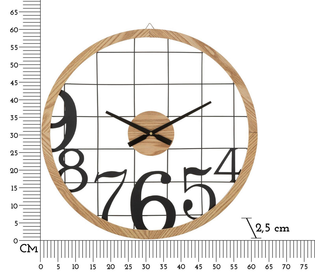 WANDUHR Numbers, schwarz und braun, Eisen und MDF, 60 x 2,5 x 60 cm - Schwarz/Braun, Holzwerkstoff/Metall (60/60/2.5cm) - Mauro Ferretti