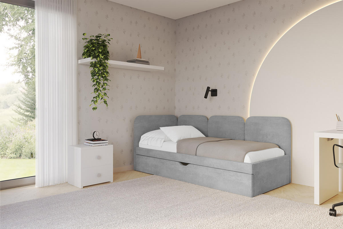 EINZELLBETT Jugendbett mit Bettkasten, Rechts - ALVY 80x200 Grau - Silberfarben, Holzwerkstoff/Textil (80/200cm) - ALTDECOR