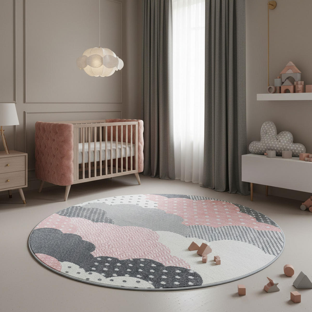 TEPPICH Kinderzimmer Wolken Bunt Waschbar Spielzimmer Strapazierfähig Rund Pink 160x160 cm – NOLA - Rosa, Textil (160/160cm) - KADIMA DESIGN