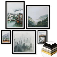 WANDBILDER 5er-Set - 50x50 cm & 20x30 cm & 40x60 cm Schwarzer Rahmen - Berge, See, Boot, Nebel, Strand - Schwarz, Kunststoff (40/60cm) - ArtPrintCave