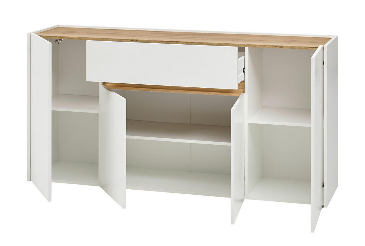 SIDEBOARD weiß, Eiche Wotan 170 cm, Kommode 4-türig - Eiche Wotan/Schwarz, Holz/Holzwerkstoff (170/87/40cm) - Furn.Design