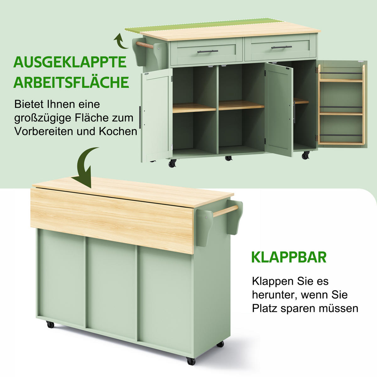 KÜCHENINSEL 129/71/91,5 cm Antikgrün mit 2 Schubladen, Klappbarer Arbeitsplatte, 5 Universalrädern und Massivholzfüßen - Salbeigrün, Holz/Holzwerkstoff (46/91.5/120cm) - Oxeza