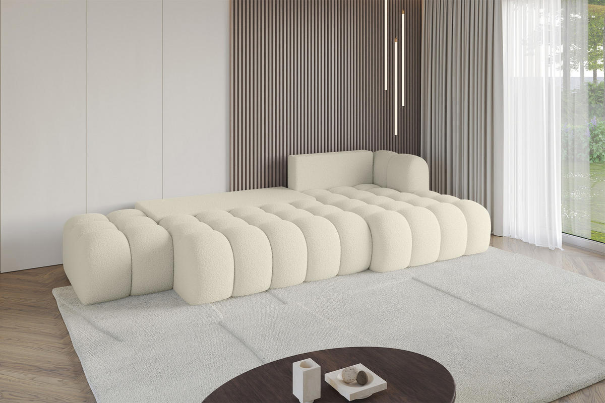 ECKSOFA mit Schlaffunktion Ottomane RECHTS OLEA-L2 321x164x75 Beige Bouclé - Beige/Schwarz, Holzwerkstoff/Kunststoff (164/321cm) - ALTDECOR