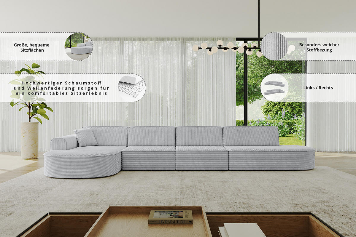 ECKSOFA Ottomane Rechts MARI-L3 - 402x163x73,5 cm Senfgelb Cord - Gelb/Schwarz, Holzwerkstoff/Kunststoff (402/163cm) - ALTDECOR
