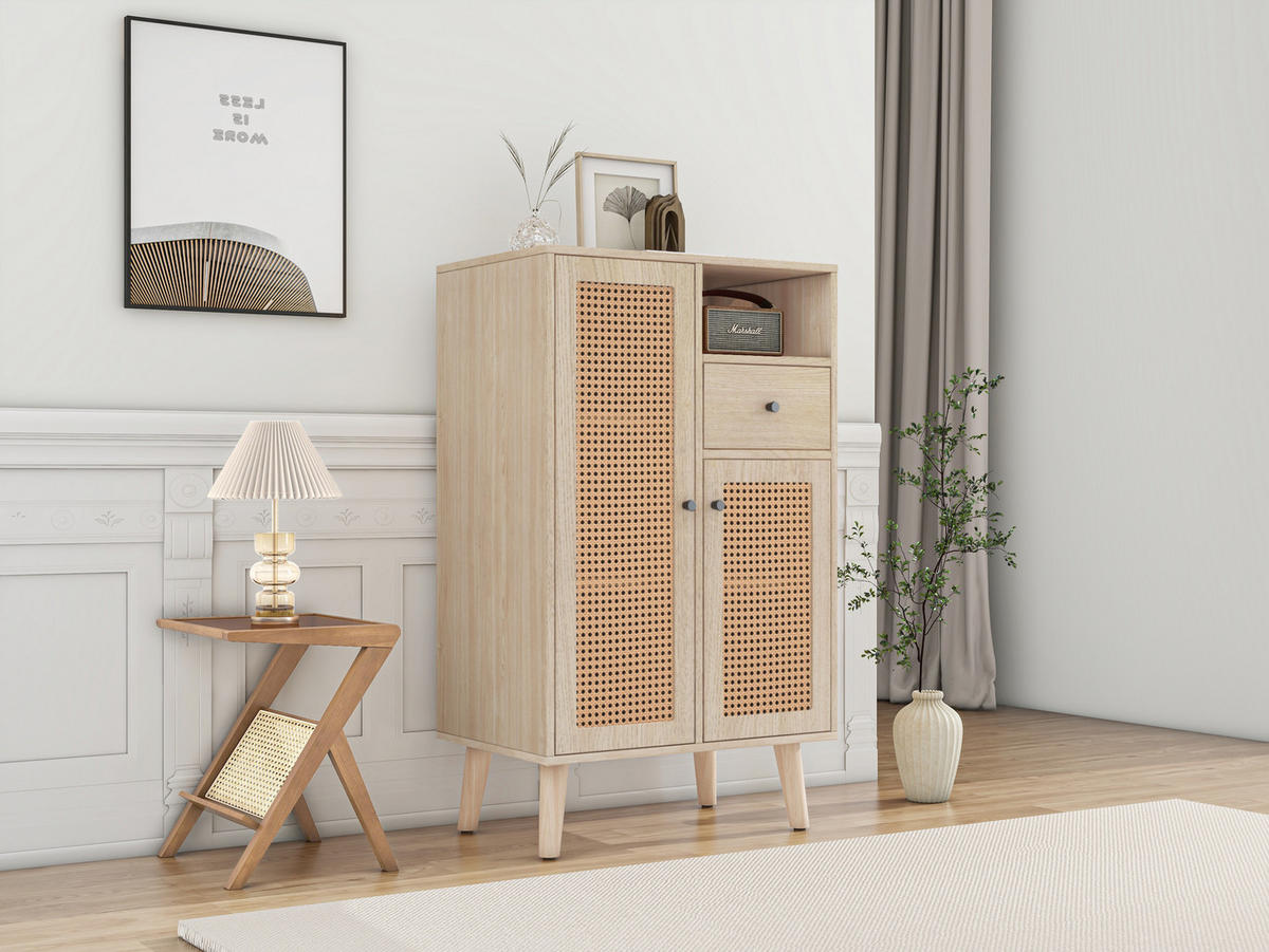 HIGHBOARD Eiche mit Rattanfronten und Schubladen - Eichefarben, Holzwerkstoff (60/101/40cm) - Urban Meuble