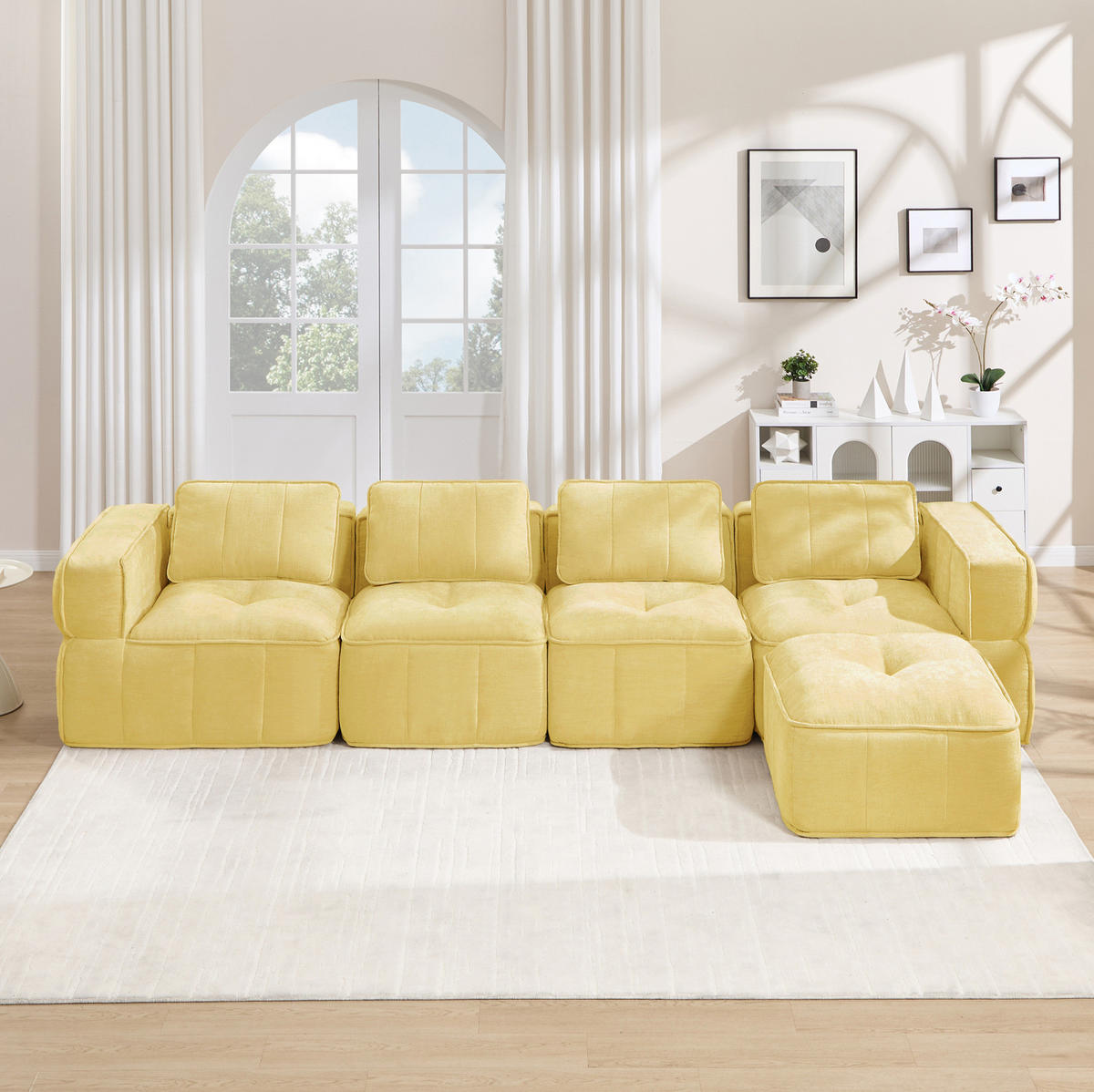 ECKSOFA 344/162/67 cm in Gelb aus Polyester mit Hocker und 32D-Schaumstoff - Gelb, Kunststoff (162/344cm) - Flora Grace