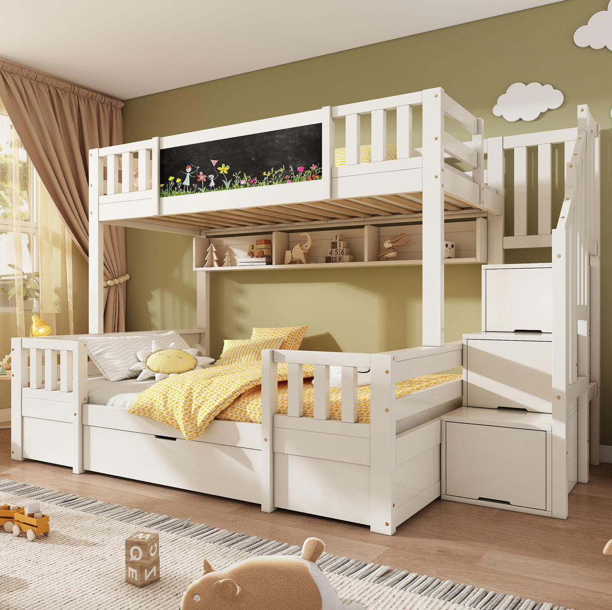 ETAGENBETT 90/200 & 140/200 cm Weiß mit Kreidetafel und Stauraumtreppe - Weiß, Holzwerkstoff - BEAOK