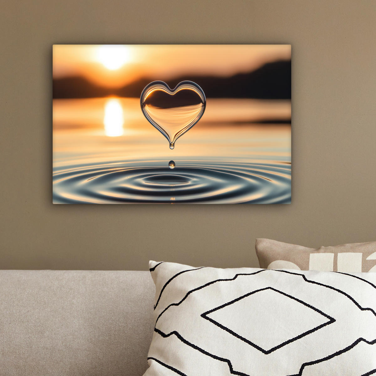 LEINWANDBILD - Herz - Wasser - Sonnenuntergang - Natur - Zen - 30x20 - Deko XXL - Bernsteinfarben, Textil (30/20cm) - MuchoWow