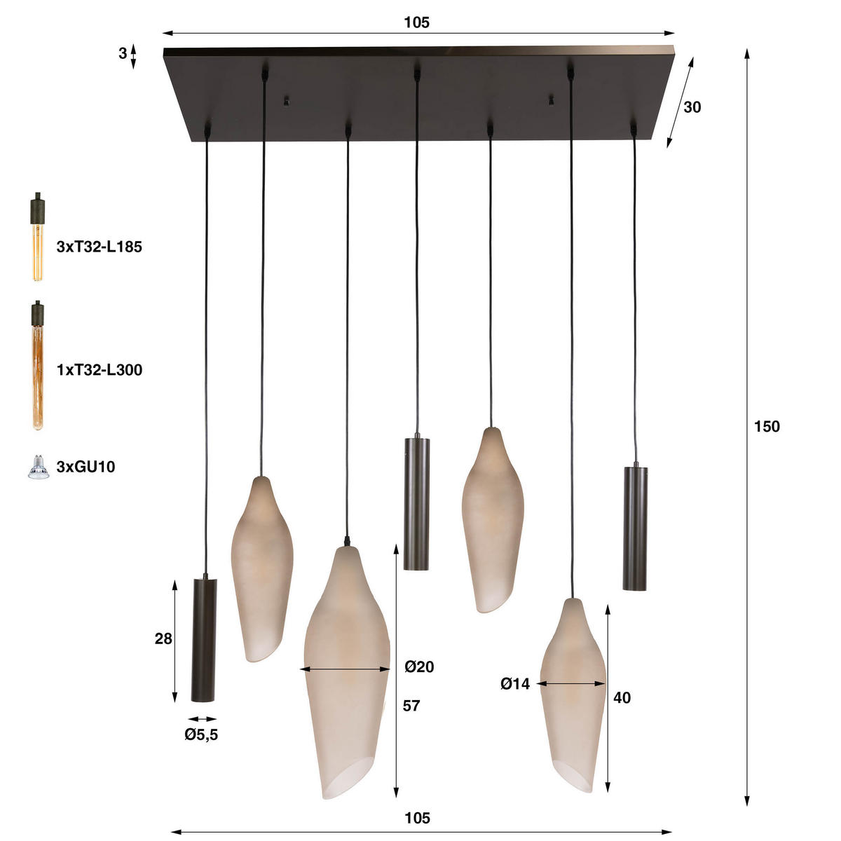 HÄNGELEUCHTE Cocoon Braun 40/105/150 cm - Braun, Glas (40/105/150cm) - Hoyz Collection