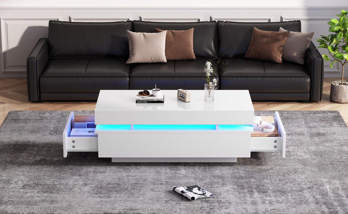COUCHTISCH 100/50/35 cm weiß aus Spanplatte mit 2 Schubladen und LED-Beleuchtung - Weiß, Holzwerkstoff (100/50/35cm) - OKMYHOME