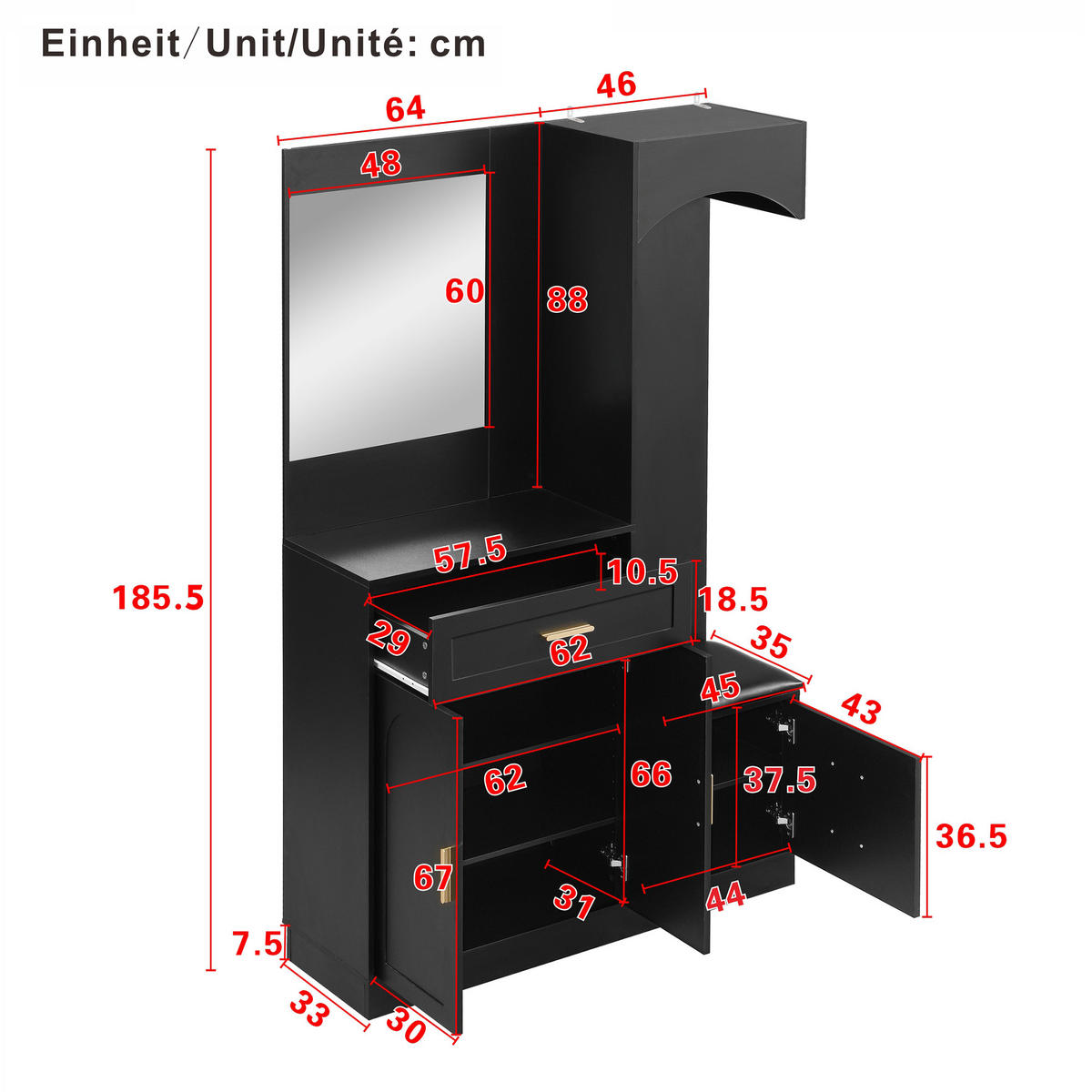 GARDEROBE Set Spiegel Schuhschrank - Schwarz, Holz (110/185.5/33cm) - LEBENLANG