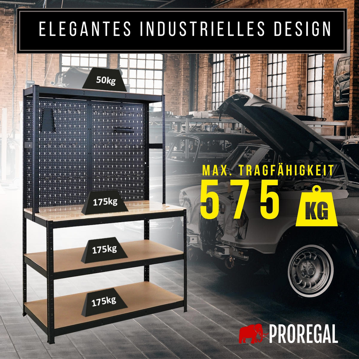 WERKBANK Giant Beast mit Lochwand 180x120x60 cm Fachlast 175 kg Schwarz - Schwarz, Metall (120/180/60cm) - PROREGAL