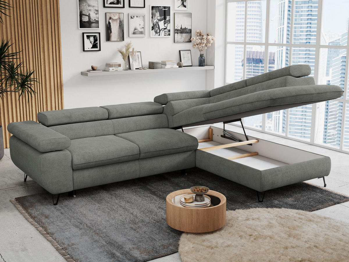 ECKSOFA PETER L Grau Struktur - Rechts Seite - Schwarz/Grau, Textil/Metall (273/208cm) - MKS