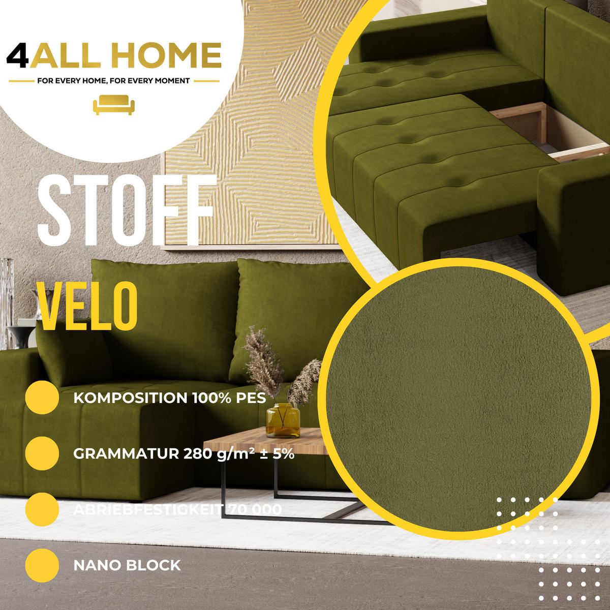 ECKSOFA Tico mit Bettkasten und Schlaffunktion, L-Form/XL-Form, Velourstoff, Universal - Olivgrün, Holzwerkstoff (246/145cm) - 4ALL HOME