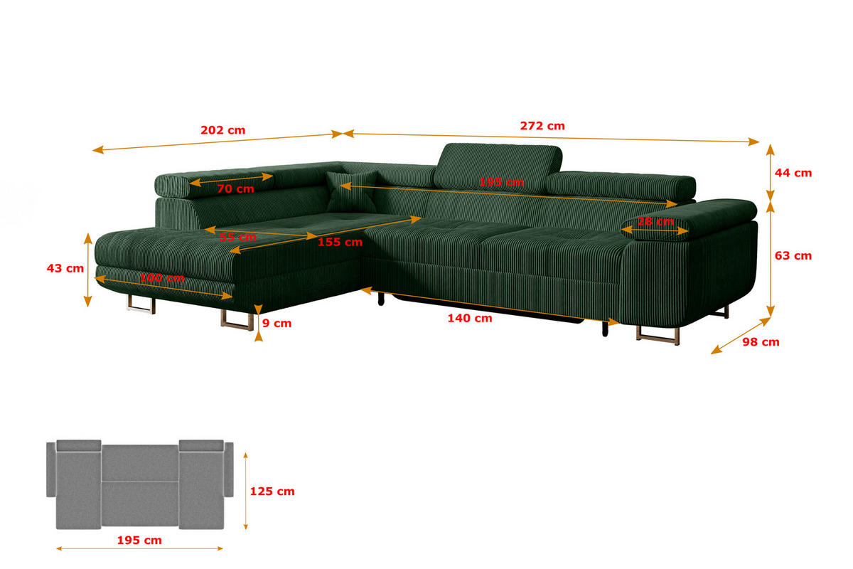 ECKSOFA mit Schlaffunktion und Bettkasten GUSA-L 272x202x107 cm Grün Cord - Silberfarben/Grün, Holzwerkstoff/Textil (272/202cm) - ALTDECOR