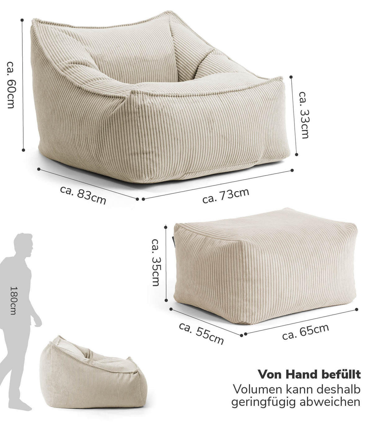 SITZSACK mit Hocker Der Lümmel - Beige, Textil (73/60/138cm) - Mokebo