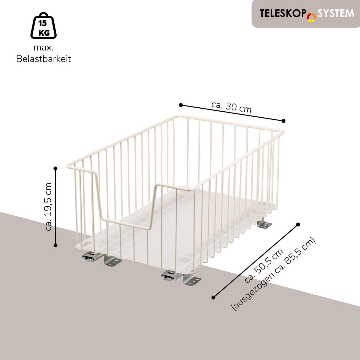 SCHRANK-KORBAUSZUG 30 cm mit Einlegeboden, cremeweiß - Creme, Metall (30/23/50.5cm) - bremermann