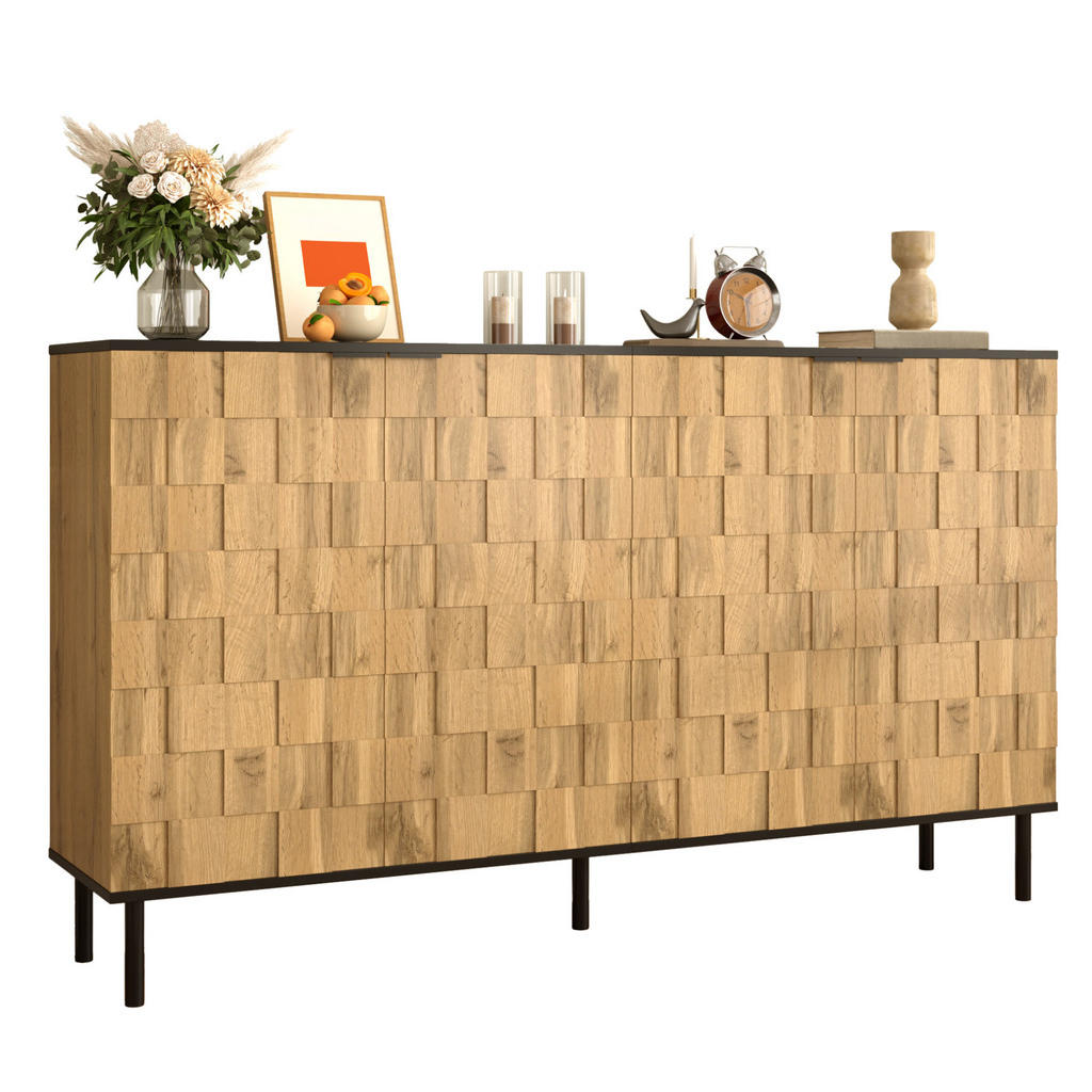 Modfu KOMODA z dřevotřísky 160x80,5x35 cm přírodní/černá se 2 dvířky a mozaikovým dekorem