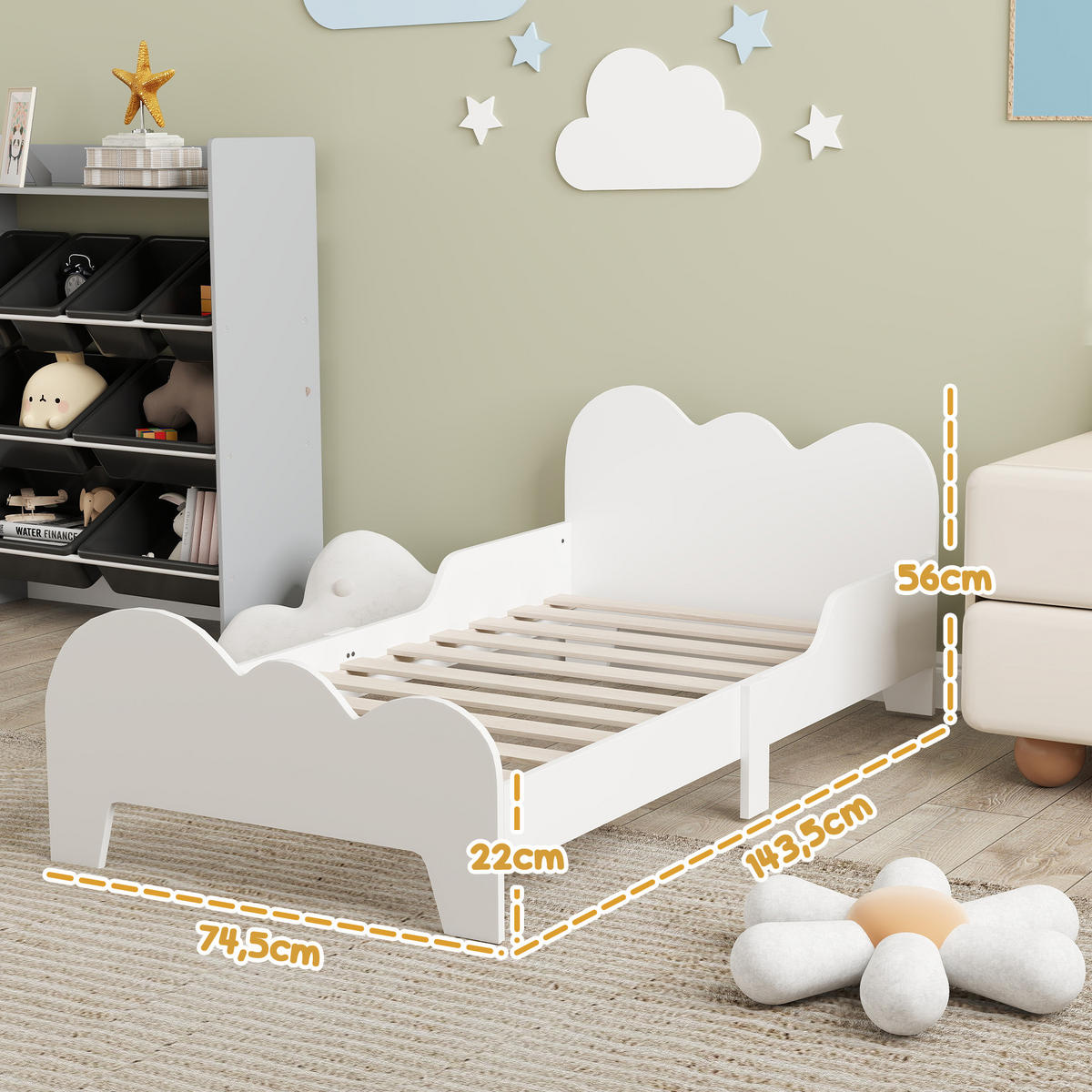 KINDERBETT 70x140 cm DE-14579 mit Sicherheitsbarriere & Wolken-Dekor Weiß - Weiß, Holzwerkstoff (70/140cm) - ComfortXL