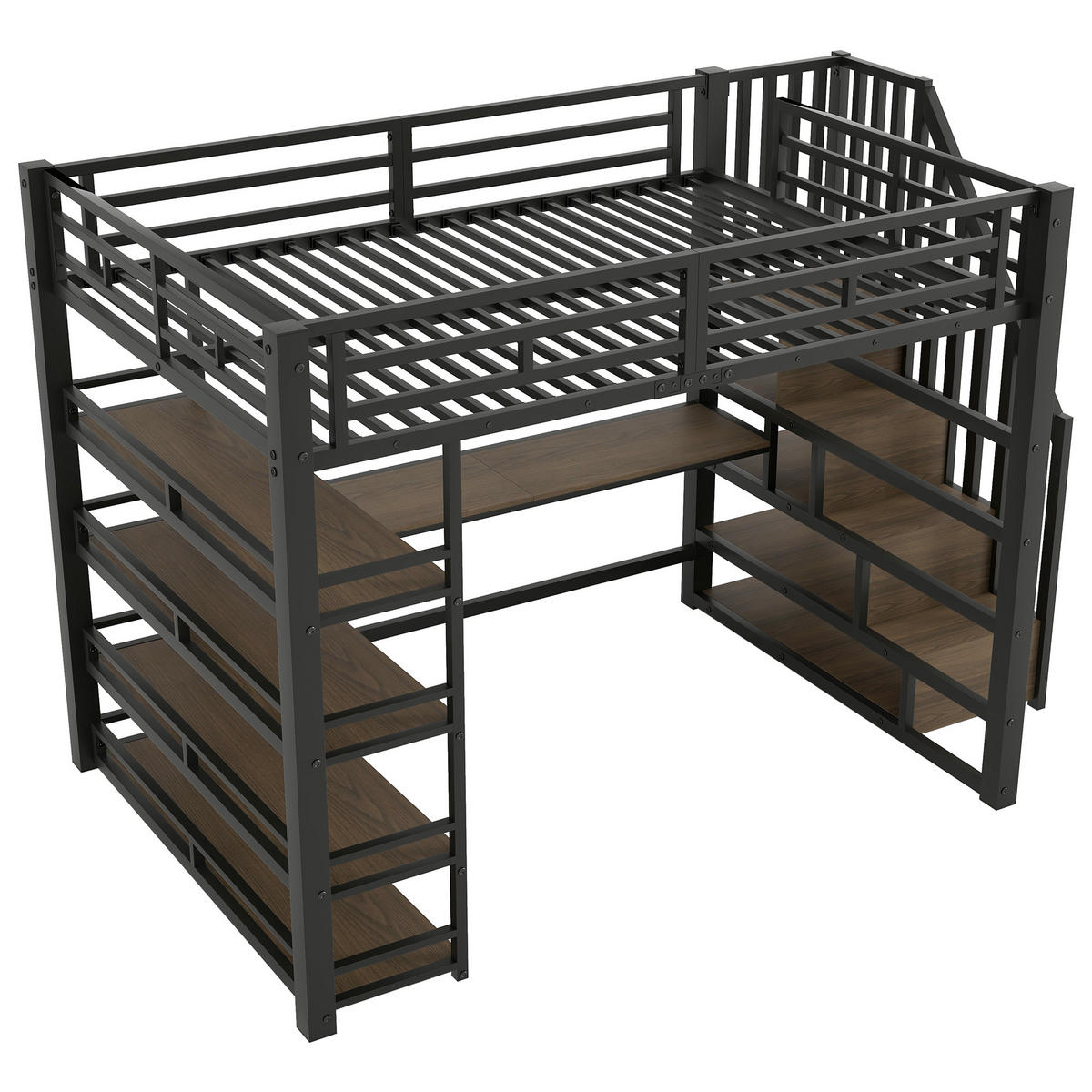 HOCHBETT 140/200 cm in Schwarz mit Treppe, Schreibtisch, Regal, LED und USB - Schwarz, Holzwerkstoff/Metall (140/200cm) - STILVORA