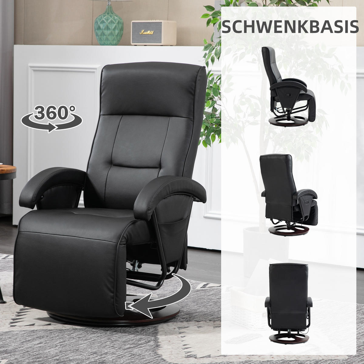 RELAXSESSEL mit Liegefunktion 86 x 66 x 107 cm Schwarz - Schwarz, Kunststoff (66/107/86cm) - HOMCOM