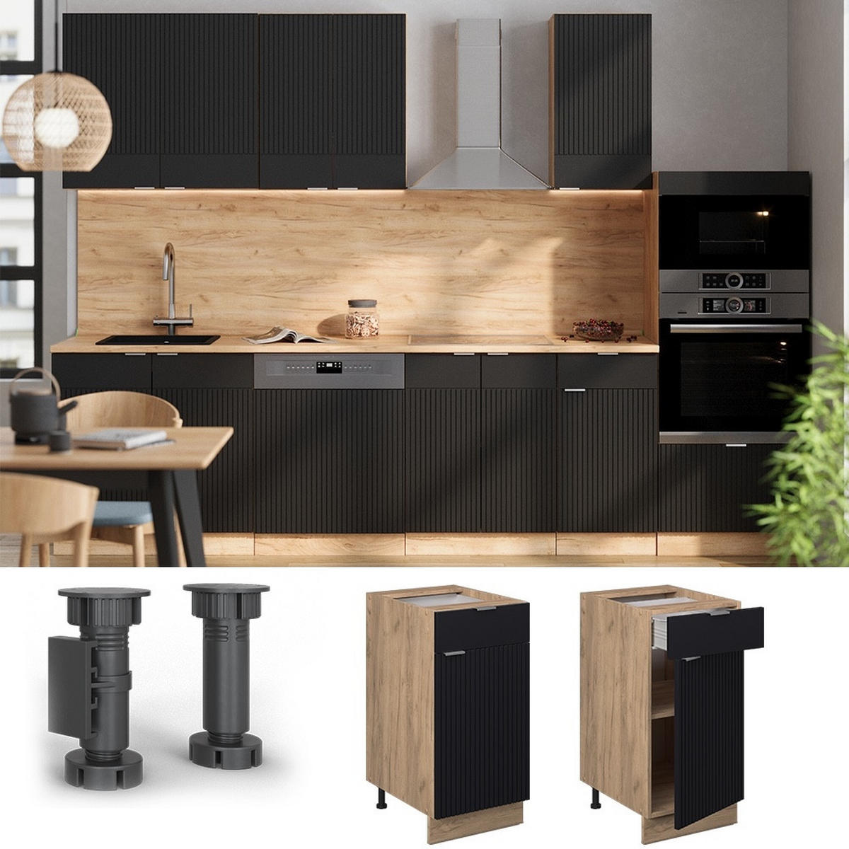 KUCHYNSKÁ SPODNÁ SKRINKA Fame-Line Čierny pruhovaný 40 cm , AP Oak - čierna/dub medový, kompozitné drevo (40/82/60cm) - Vicco