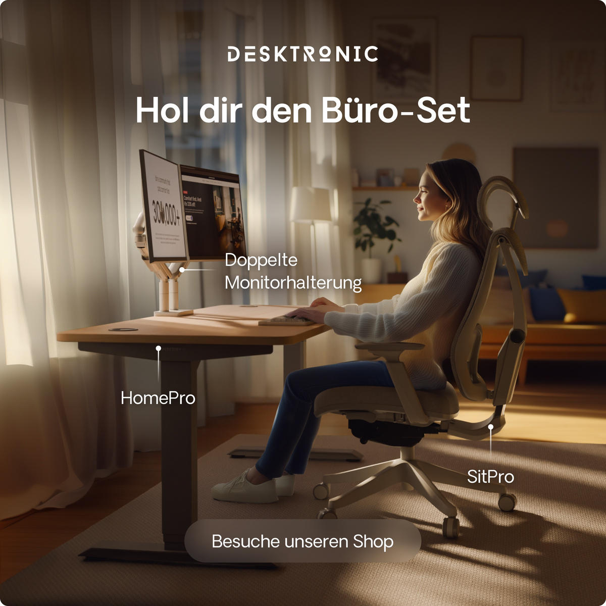 SCHREIBTISCH Elektrisch Höhenverstellbarer HomePro 120x60cm Grau/Eiche mit Memory-Funktion, Anti-Kollisions Technologie - Eichefarben/Grau, Holzwerkstoff (60/120/62cm) - Desktronic