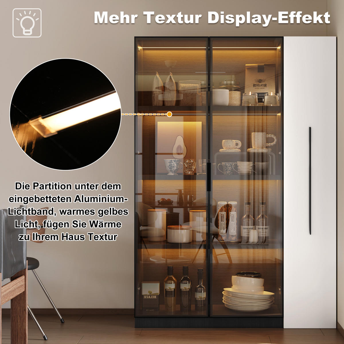 VITRINE 110,5/35/160 cm in Schwarz/Weiß mit LED-Beleuchtung und Seitenauszug - Schwarz, Holzwerkstoff (110.5/160/35cm) - Flora Grace