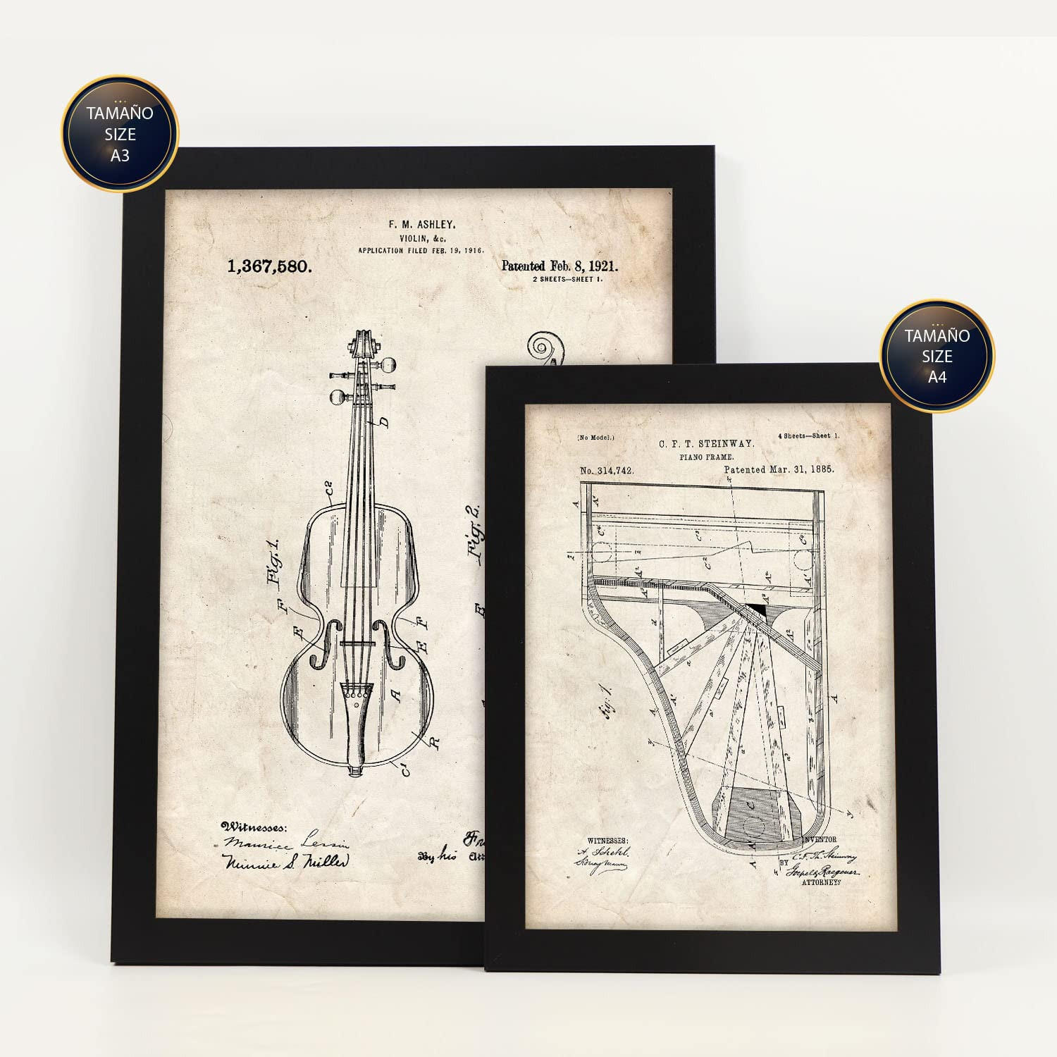 POSTER Set Mit 6 Plakaten Mit Saiteninstrument Patenten Im Vintage Stil A3 & A4 Schwarzer Rahmen - Schwarz, Papier (29/3cm) - Nacnic