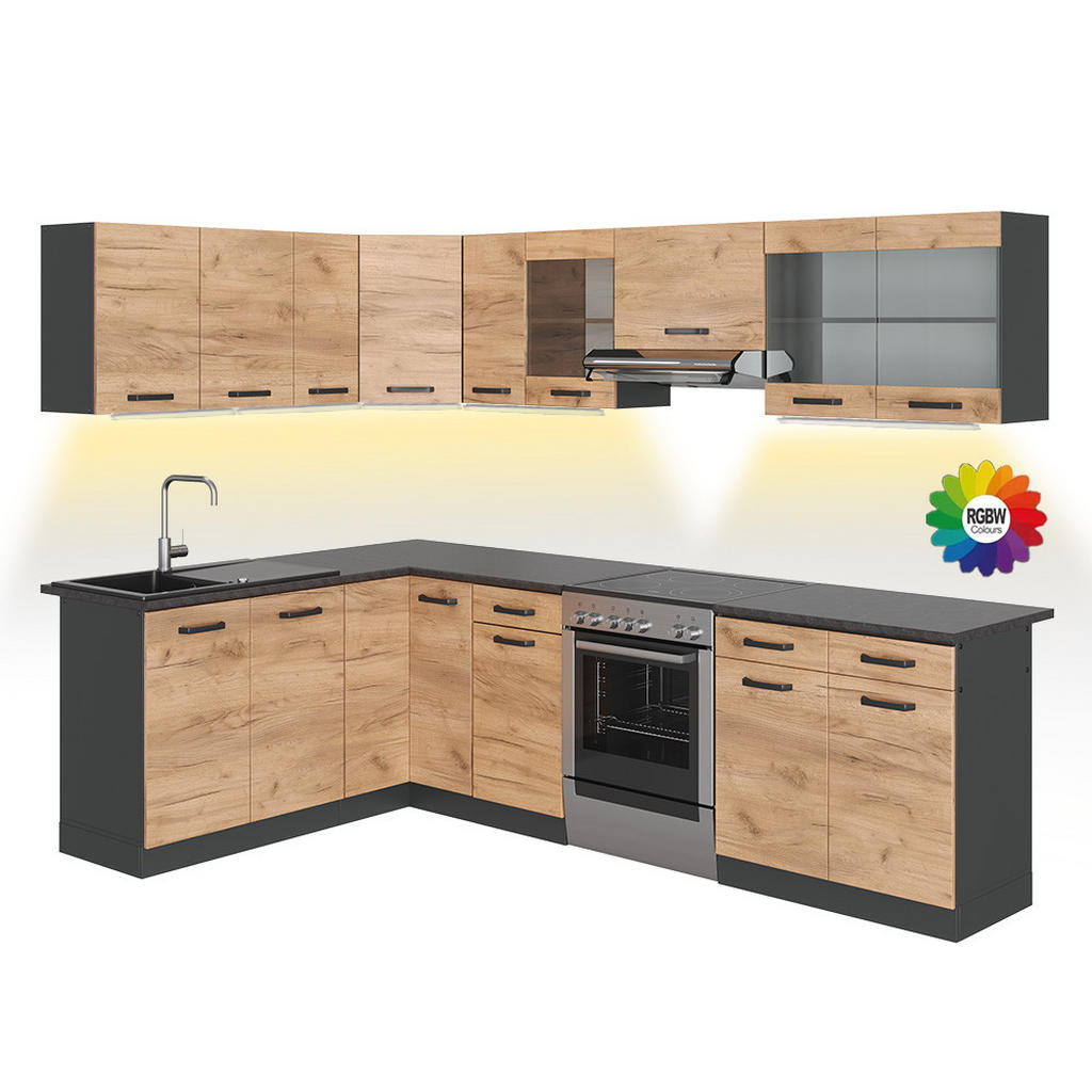 BUCATARIE DE COLT R-Line, Stejar auriu/antracit, 267 x 167 cm, AP Negru modelat cu benzi LED