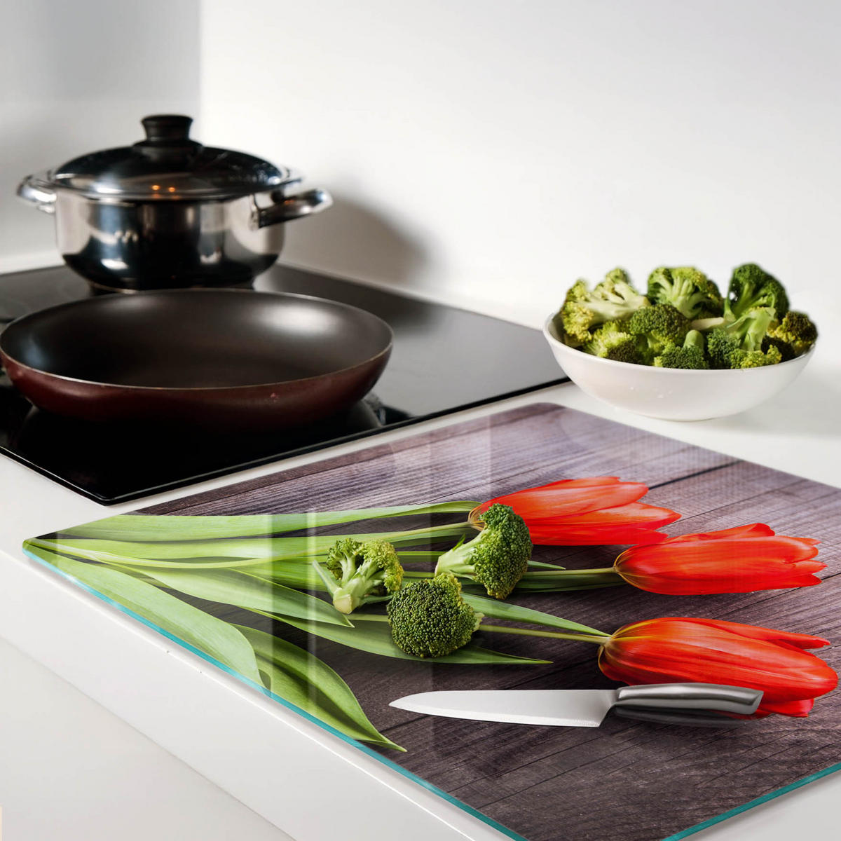 GLASPLATTE 60x52 cm Rote Tulpen - Rot, Glas (60/0.4/52cm) - TULUP