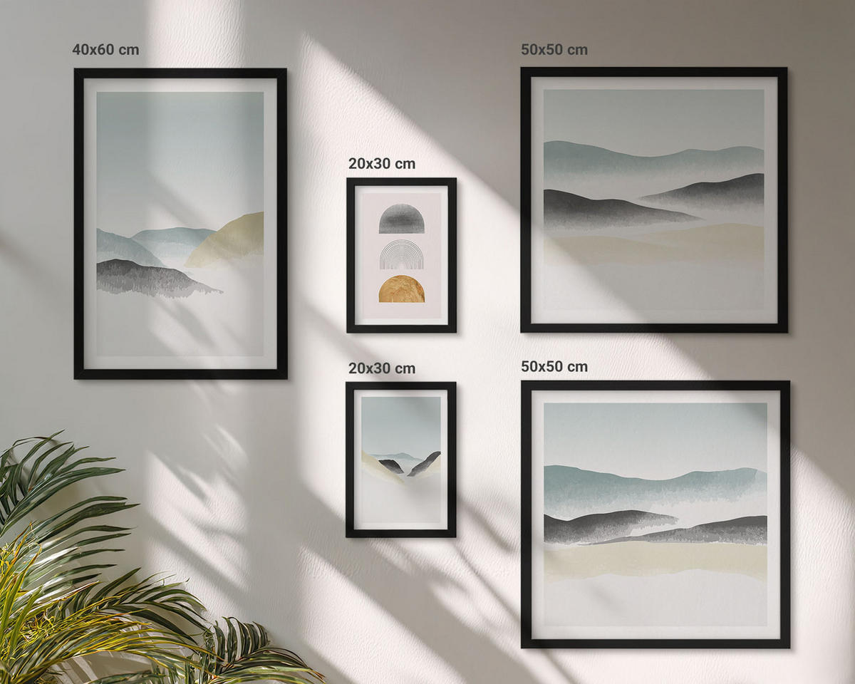 BILDER SET 5er Set - 50x50 cm & 20x30 cm & 40x60 cm Schwarzer Rahmen - Wellen – Japanische Kunstgrafik - Schwarz, Kunststoff (40/60cm) - TULUP