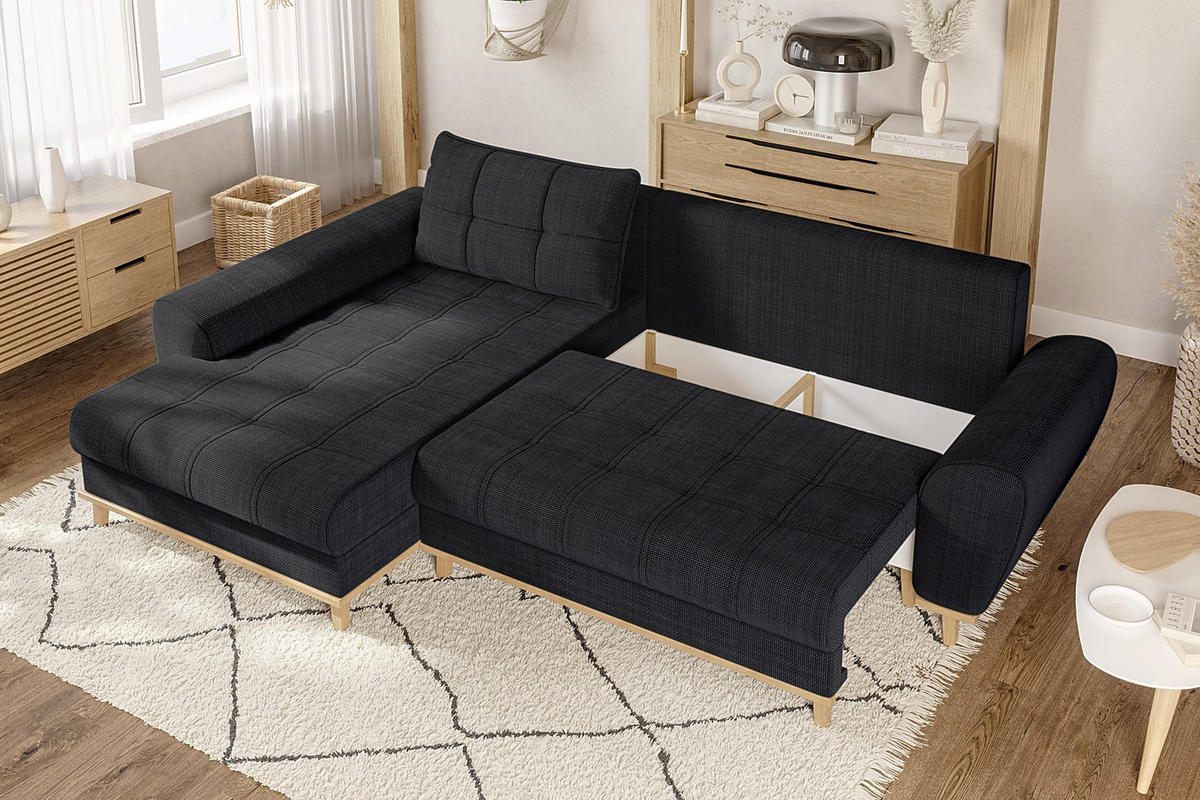 ECKSOFA im Scandi-Stil, Schlaffunktion, Bettkasten B268/T175/H86 cm, Ottomane links, Liegefl. 128x209 cm, Bouclé Chenille Stoff in Anthrazit / 21012 - Eichefarben/Anthrazit, Holz/Textil (268/175cm) - luma-home