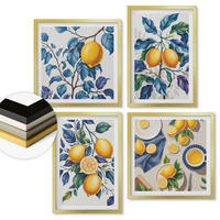WANDBILDER 4er Set - 50x50 cm & 40x60 cm Goldrahmen - Zitronenzweige mit blauen Blättern - Goldfarben, Kunststoff (50/50cm) - ArtPrintCave