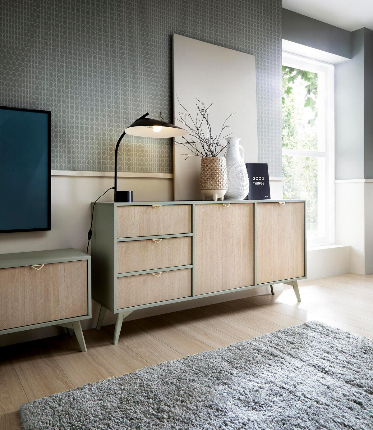 SIDEBOARD FOREST Beige, Grün 158x38x80 cm - Beige/Grün, Holzwerkstoff (158/80/38cm) - FURNLUX