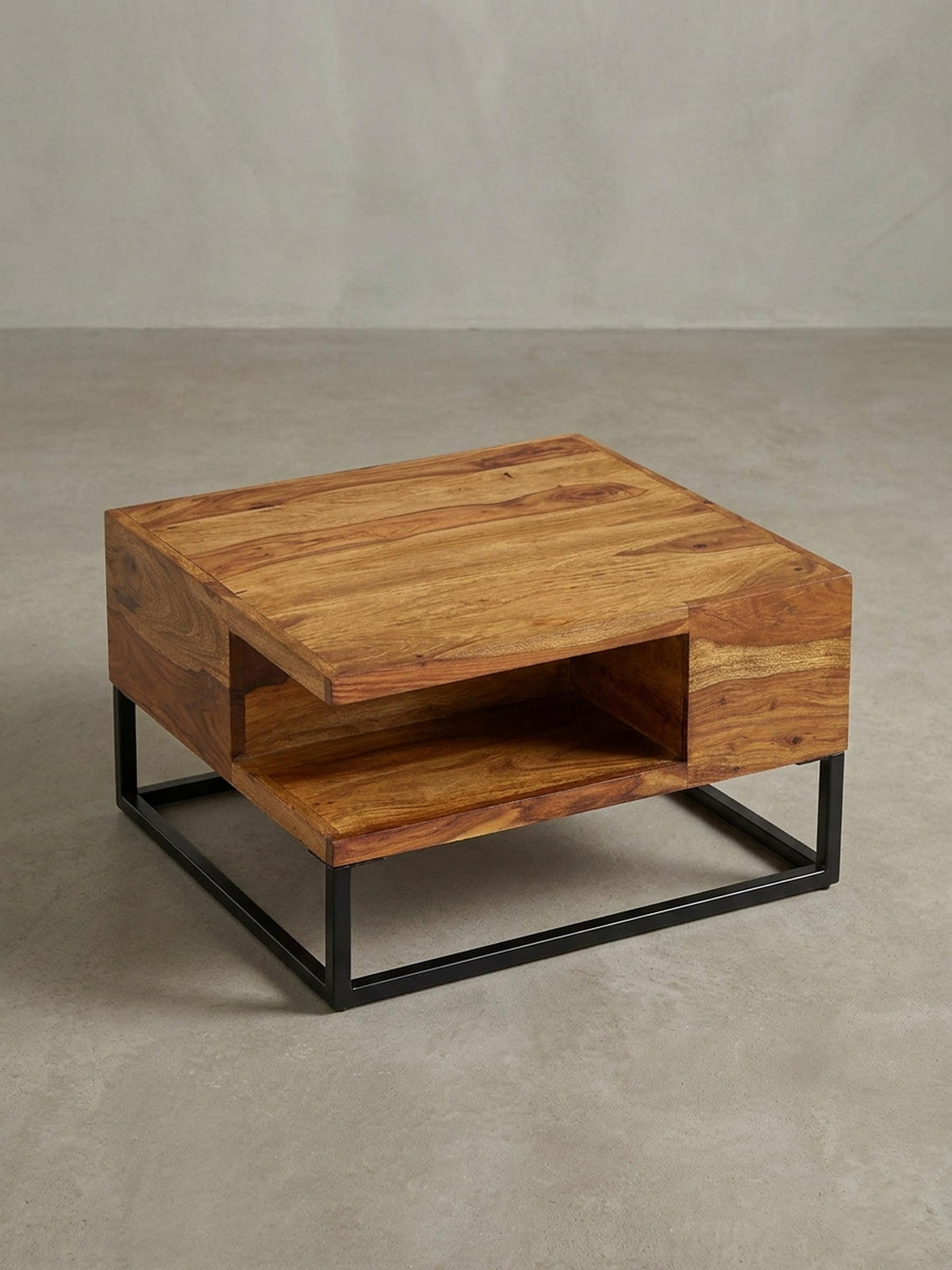 COUCHTISCH in Sheeshamholz mit Staufach, 60x60x34,5 cm, Industrial-Design - Schwarz/Braun, Holz/Metall (60/60/35cm) - KADIMA DESIGN